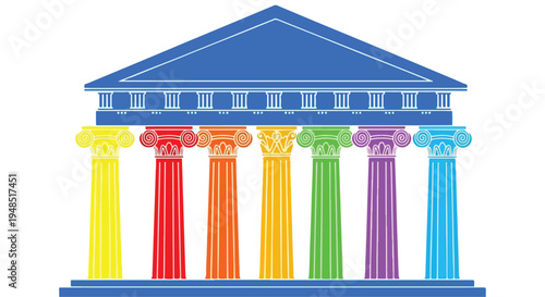 Flat design illustration of a building facade with colorful columns and a triangular roof against a white background.