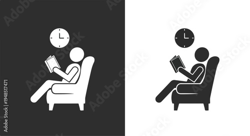 Simple black and white illustration of two people sitting in armchairs reading with a clock above each, against a split black and white background.