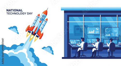 Illustration of people working at desks in a modern office with a rocket ship launching outside the window, conveying a sense of innovation and technology.