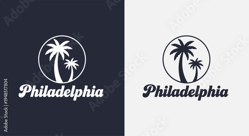 Two logo designs featuring palm trees and the city name Philadelphia in contrasting black and white backgrounds.