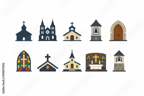Church Building Icon Set – Cathedral, Chapel, Bell Tower, and Interior Symbols Flat Design