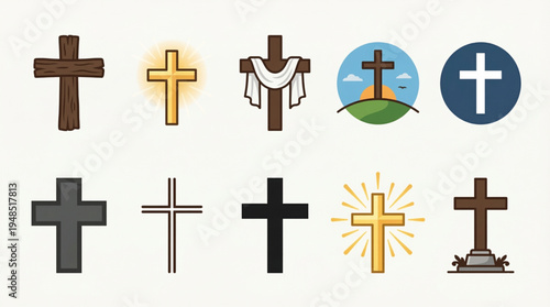 Christian Cross Icon Set – Wooden, Glowing, and Radiant Cross Symbols Flat Design