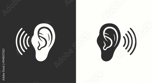 Graphic illustration of a human ear with sound waves on a black and white background in a flat lay composition.
