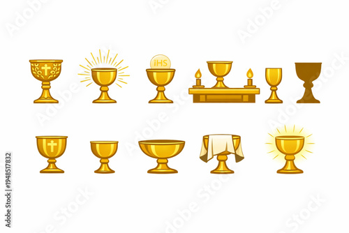 Sacred Chalice Icon Set – Communion Cups, Hosts, and Glowing Altar Symbols Flat Design