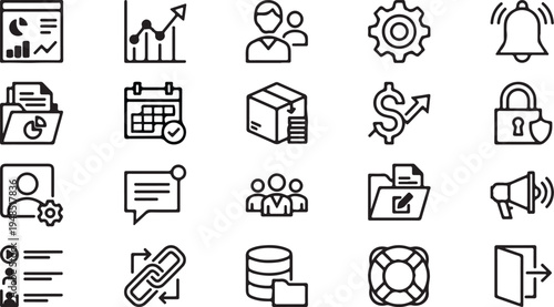 Business management and office workflow outline vector icon set bundle
