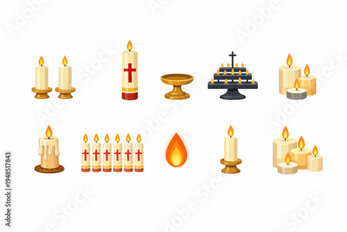 Altar Candle Icon Set – Church Candles, Flames, and Ceremonial Lights Flat Design