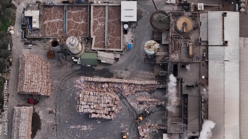 Environmental pollution at the Istanbul paper recycling facility. Aerial view of paper waste. Drone footage highlighting the environmental problem.