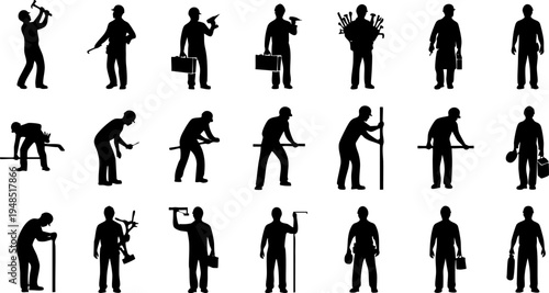 Vector graphic illustration of construction workers performing diverse manual labor and repair tasks