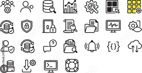 Professional software development and coding process line icon elements