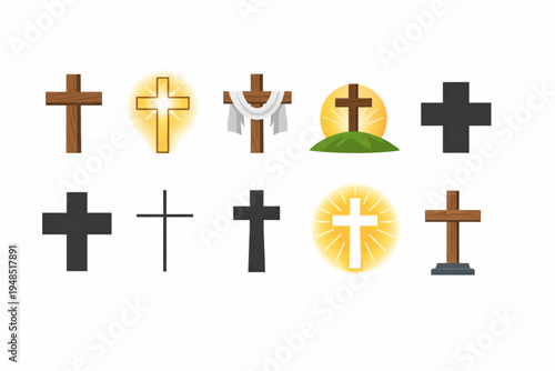 Christian Cross Icon Set – Wooden, Glowing, and Radiant Cross Symbols Flat Design