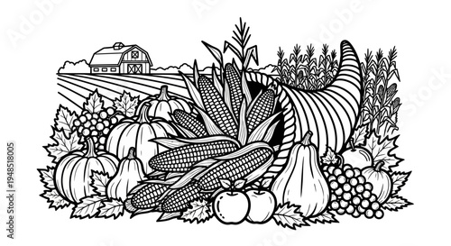 Black and white illustration of a cornucopia with fruits and vegetables