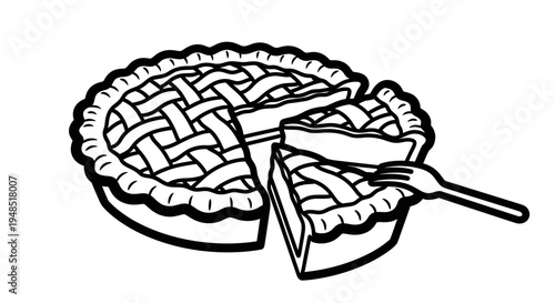 A black and white illustration of a pie with a slice cut out