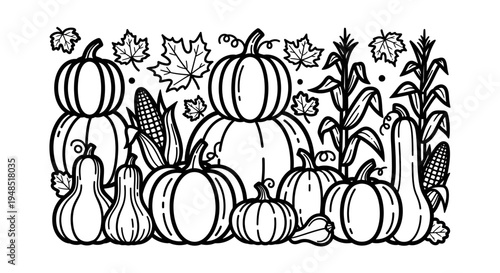 Black and white illustration of various pumpkins and gourds with fall leaves