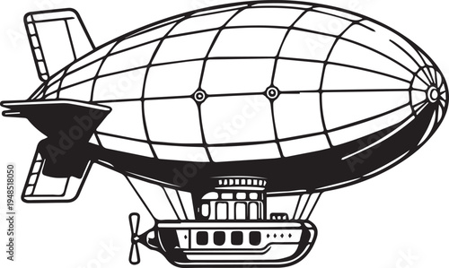 Steampunk Airship Blimp Icon Isolated on White Bold Outline Line Art Illustration