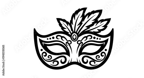 Intricately designed black and white masquerade mask with feather