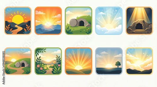 Resurrection Sunrise Icon Set – Empty Tomb, Dawn Light, and Divine Rays Flat Design