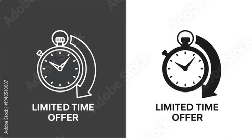 Graphic illustration of limited time offer icons with stopwatch and arrow on white and dark backgrounds.