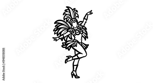 Black and white line drawing of a dancing woman in a feathered costume