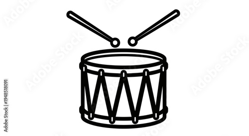A simple line drawing of a snare drum with drumsticks
