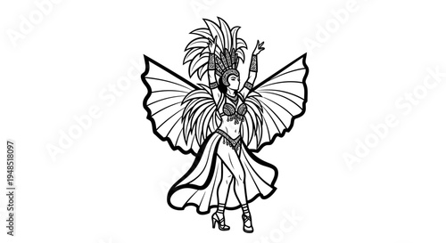 A black and white illustration of a fairy with large wings and a feathered headdress