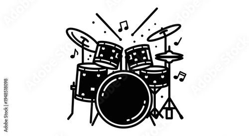 A black and white illustration of a drum set with music notes