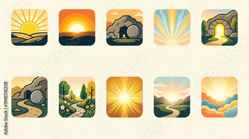 Resurrection Sunrise Icon Set – Empty Tomb, Dawn Light, and Divine Rays Flat Design