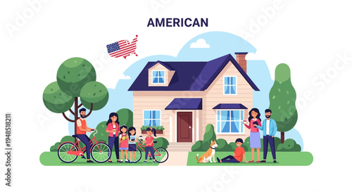 A cheerful American family enjoys a sunny day outside their house with bicycles and a dog in a lush green yard with trees