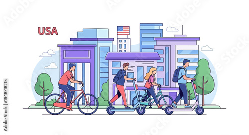 Illustration of a family with a child riding a tricycle and adults on bicycles in front of buildings in America
