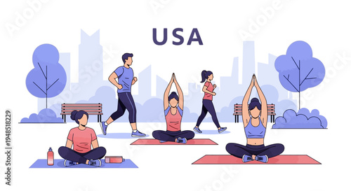 Illustration of people practicing yoga and exercising outdoors in a park with a city skyline background in a calm and serene atmosphere