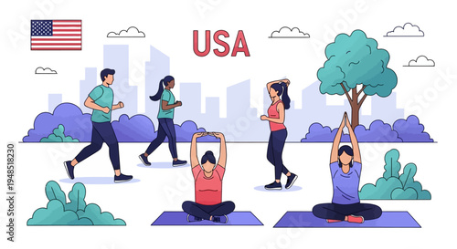 Illustration of people exercising outdoors in a park with a city skyline and American flag in the background, conveying a sense of community and wellness in America