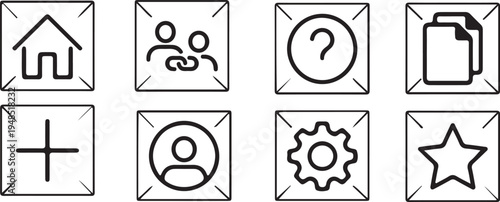 Essential website navigation and user profile outline square buttons