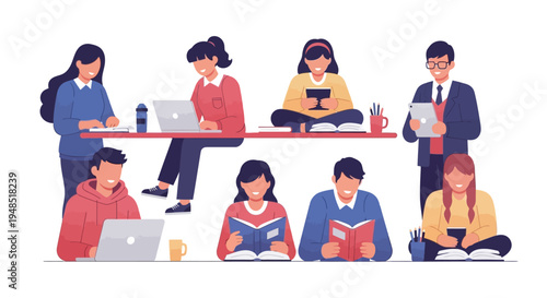 Illustration of a diverse group of people studying and working together in a casual setting with laptops and books
