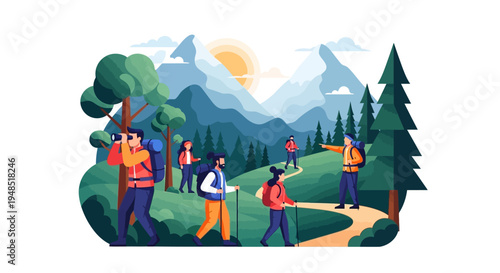 A group of people hiking in a scenic mountain landscape with trees and a winding trail in a colorful illustration