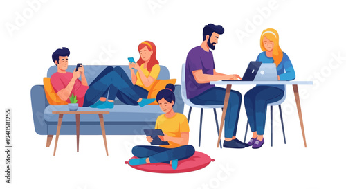A family of five people are relaxing and working together in a casual home setting with a couch and table