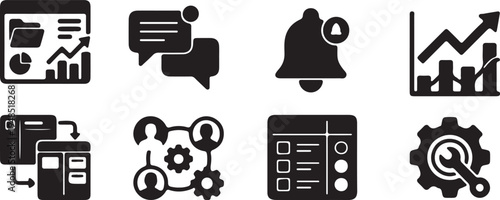 Corporate data analytics and business communication solid icons pack