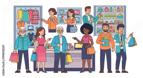 A diverse group of people standing in front of a shop with various products on display, some holding shopping bags in a colorful illustration