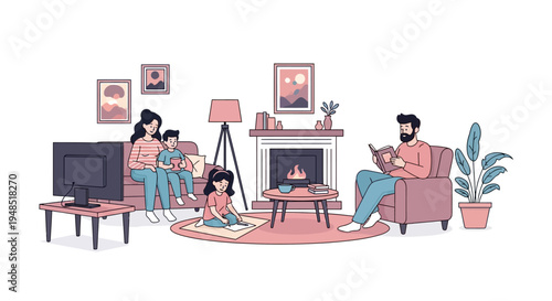 An illustration of a family with a woman, man, and two children relaxing together in their cozy home with a warm fireplace and modern decor