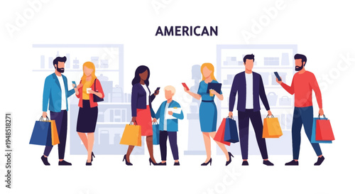 A diverse group of people walking in a city with shopping bags, conveying a sense of community and social connection in America