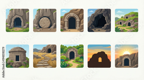 Stone Tomb Icon Set – Sealed Cave, Burial Hill, and Dawn Entrance Symbols Flat Design