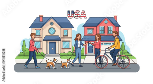 Illustration of a diverse group of people walking and biking on a suburban street in America with houses and trees, conveying a sense of community and everyday life