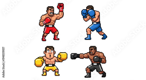 Pixel Art Boxing Fighters Set with Different Poses and Boxing Gloves