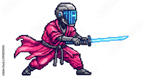 Cyberpunk Ninja Robot in Pink Kimono Holding Blue Energy Katana Sword