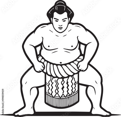 Sumo wrestler squatting in traditional mawashi isolated on white flat 2D icon illustration