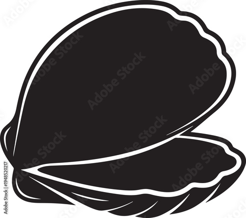 Black and White Open Seashell Clam Oyster Icon Silhouette Vector