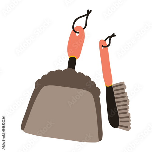 Cozy aesthetic dustpan and brush doodle featuring cottagecore cleaning tools illustration
