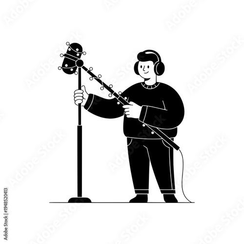 podcast producer adjusting boom arm microphone in studio setup or professional podcaster at microphone adjusting boom arm with headphones in studio