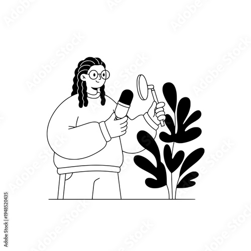 Podcast producer adjusting microphone on boom arm for studio recording or Cartoon style podcast producer setting up microphone with pop filter for broadcast