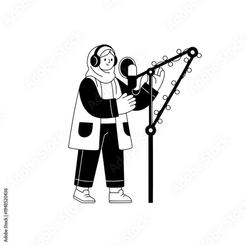 Podcast producer adjusting boom arm microphone in studio with headphones or Studio microphone setup with headset wearing producer operating adjustable boom arm