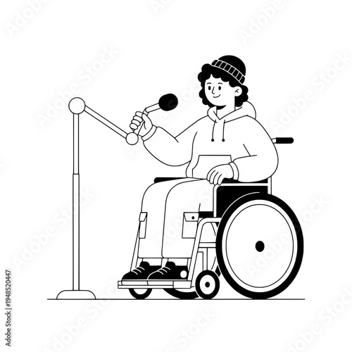 podcast producer in a wheelchair adjusting a boom arm microphone for studio recording or studio podcast setup where a wheelchair user adjusts a boom microphone