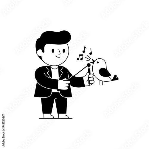 podcast producer adjusting microphone on boom arm for studio recording or line art illustration of a podcast creator with boom microphone setup